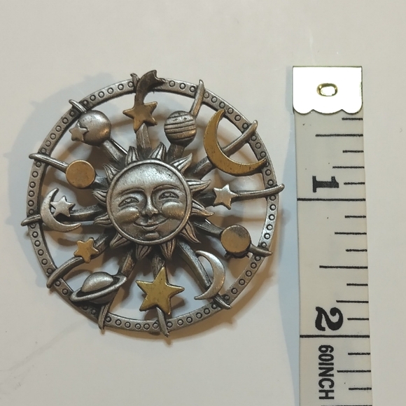 Vintage JJ Jonette Signed Pewter Celestial Sun Moon Star Planet Brooch Pin - Picture 5 of 5